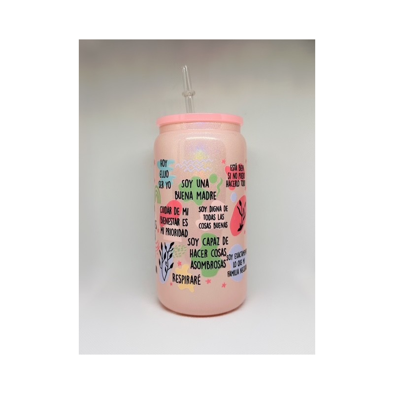 Vaso Salmón Afirmaciones Mamá con Pitillo de Cristal Vaso Salmón Afirmaciones Mamá con Pitillo de Cristal