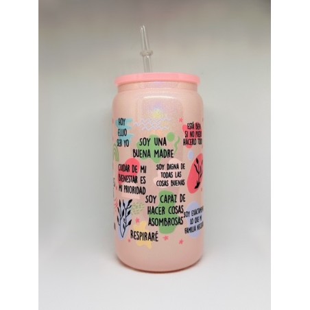 Vaso Salmón Afirmaciones Mamá con Pitillo de Cristal