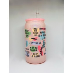 Vaso Salmón Afirmaciones Mamá con Pitillo de Cristal