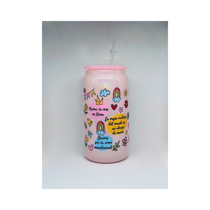 Vaso Rosa La Mejor Mamá con Pitillo de Cristal Vaso Rosa La Mejor Mamá con Pitillo de Cristal