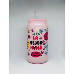 Vaso Rosa La Mejor Mamá con Pitillo de Cristal