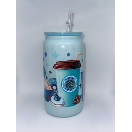 Vaso Azul con Pitillo de Cristal