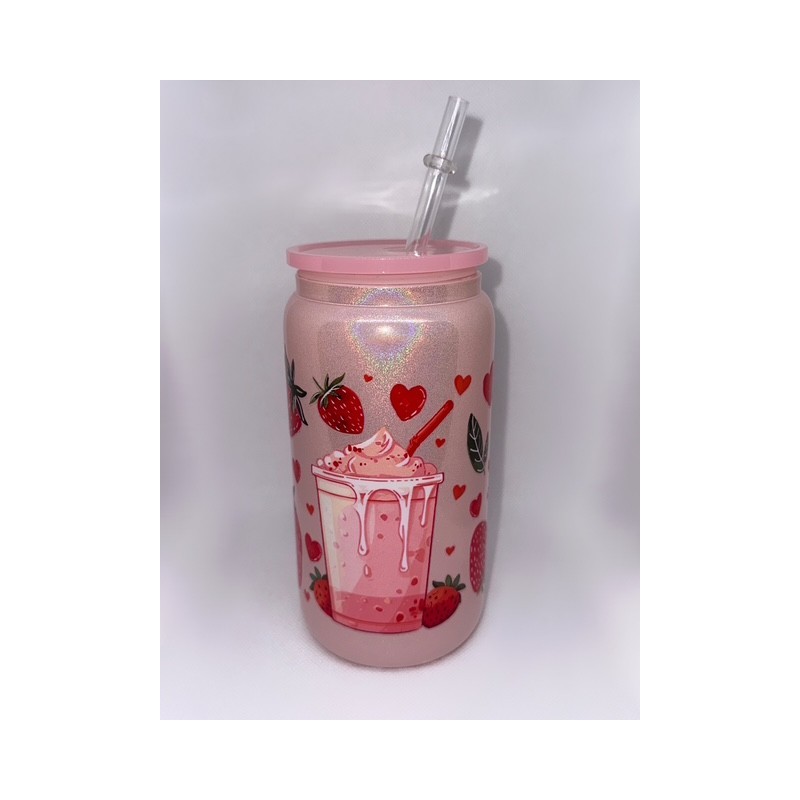 Vaso con Pitillo Rosado de Cristal Vaso con Pitillo Rosado de Cristal