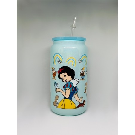 Vaso Celeste Blanca Nieves con Pitillo de Cristal